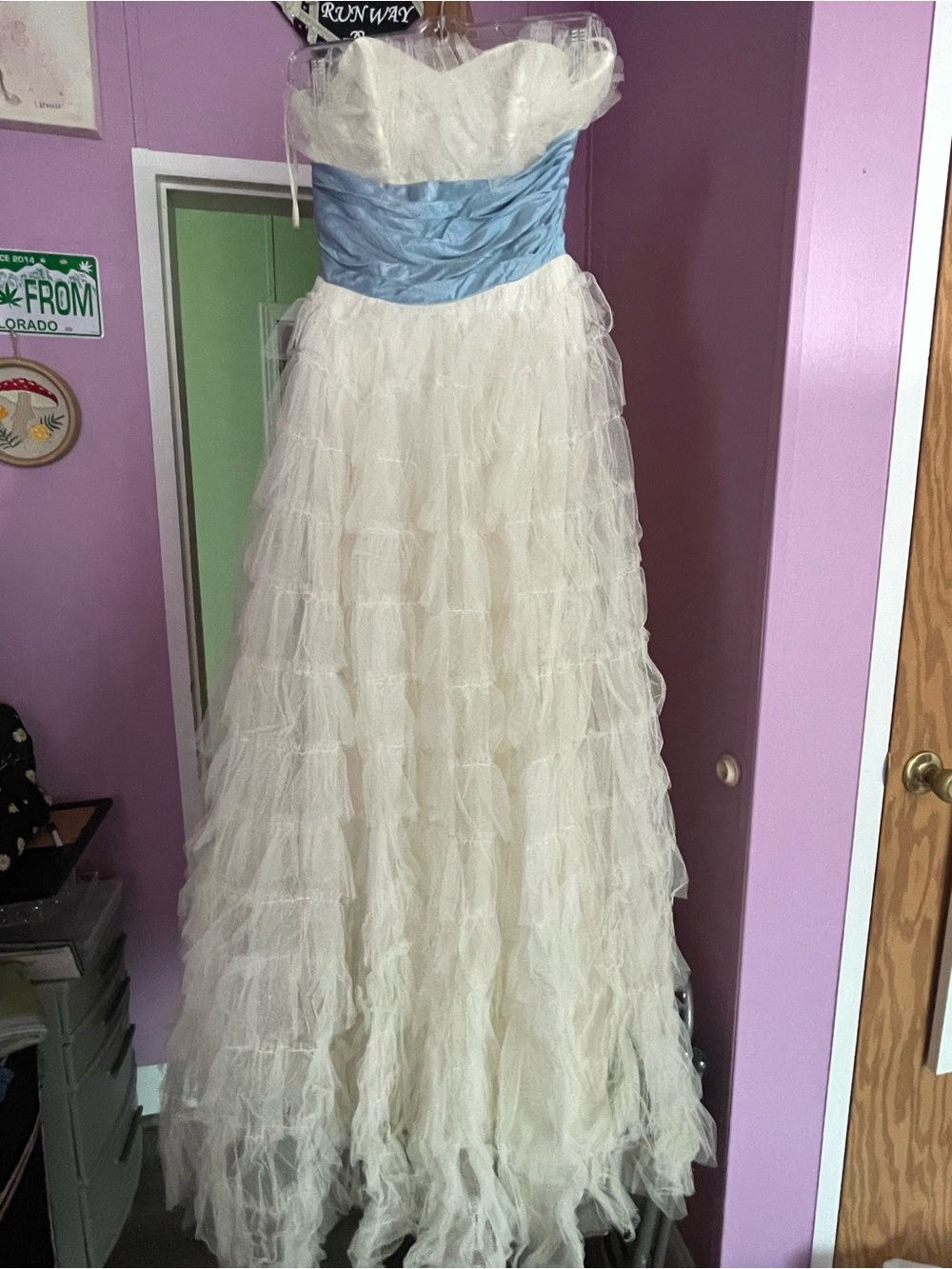 Vintage tulle mesh tiered ruffle white formal gown with blue satin bow